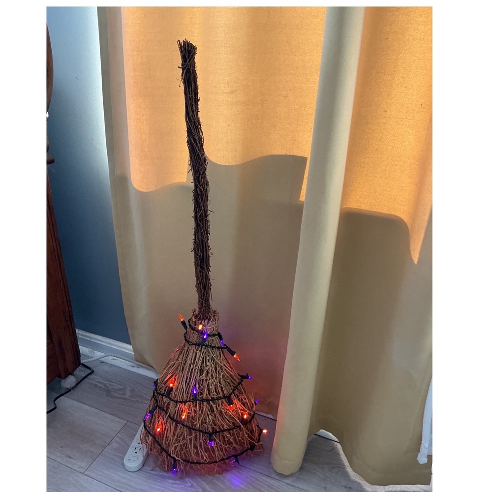 Lighted Broom Halloween Decor 38" Flashing Lights Witch Broom Fall Porch Prop